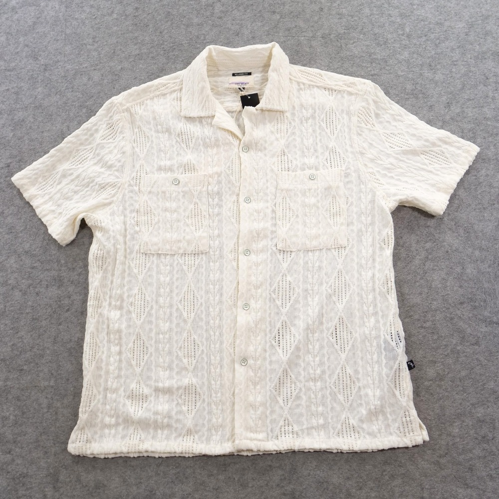 Civil Society Shirt Mens Medium Beige Button Up Open Knit Resort Pocket Camp New